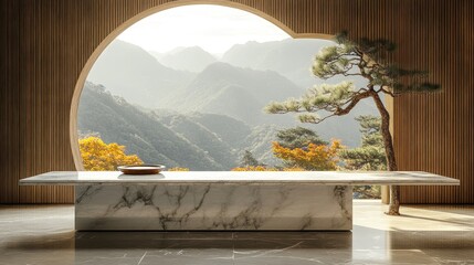 Aufkleber - Modern minimalist interior with marble table, circular window, mountain view, and bonsai tree.