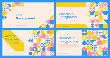  Geometric Abstract Designs set with copy space. Colorful Background of simple geometric shapes in swiss style for Banner, Flyer, Cards, Presentation, Website Design, Landing. Vector template.