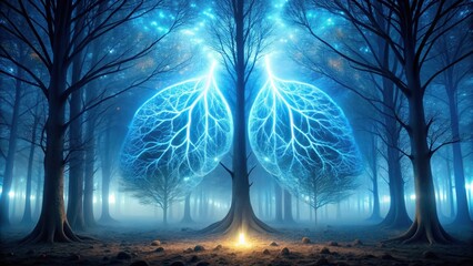 Wall Mural - Mystical Forest Lungs A Breathtaking Night Scene of Luminescent Respiratory System Emerging from Ancient Trees