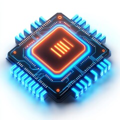 Poster - Futuristic Microchip: A Close-Up of Advanced Circuitry with Glowing Blue and Orange Lights on a White Surface 