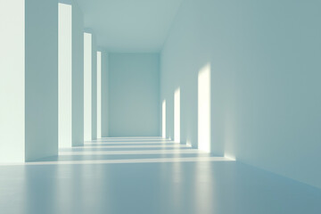 Poster - minimalistic, sci fi inspired interior with soft light streaming through tall rectangular windows, creating geometric shadows