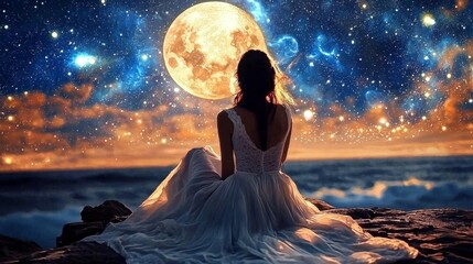 Wall Mural - Surreal scene of a woman observing celestial wonders.