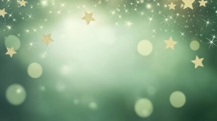 Wall Mural - Festive green blurred background with gold star elements