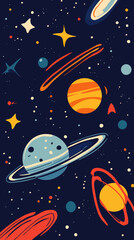 Wall Mural - colorful flat minimalist universe poster with planets and stars in vector style