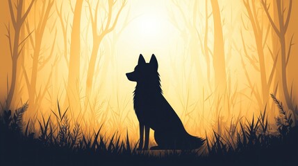 Naklejka na meble Majestic Wolf Silhouette in Golden Forest at Sunset