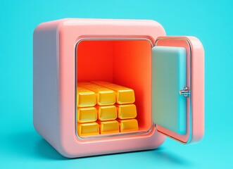 Wall Mural - a pink box with a gold bar inside. 3d illustration of open safe with gold bars inside background, mi