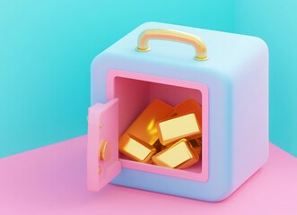 Wall Mural - a gold box with a pink lid is opened to reveal gold bars inside. 3d illustration of open safe with g