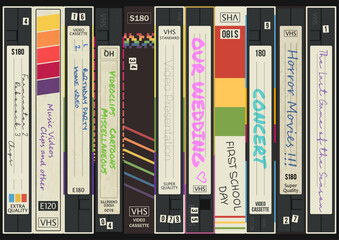 Wall Mural - 1980s vhs cassettes background, old home video collection style illustration, vector template for vi