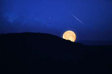 Wall Mural - full moon, stars, planets and landscape scenery silhouettes.