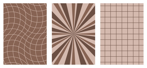 Poster - Set of groovy Y2k backgrounds.  Abstract optical illusion checkered wavy pattern, sunburst sun rays poster collection in brown beige colors. Checkered background with distorted squares. Vector