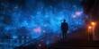 © Shrat - Man standing on stairs looking at futuristic city with blue neon lights and complex architectural design