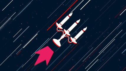 Wall Mural - Candlestick with candles symbol flies through the universe on a jet propulsion. The symbol in the center is shaking due to high speed. Seamless looped 4k animation on dark blue background with stars