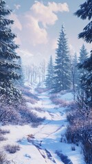 Poster - Snowy pathway winding through pine trees under a clear blue sky in a serene winter landscape