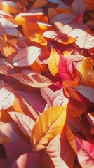 Poster - Close-up view of a vibrant pile of autumn leaves showcasing warm hues of orange, red, and yellow under soft sunlight