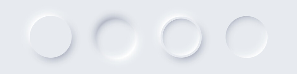 White round web buttons. Soft glowing circular UI elements in modern neomorphism style. Abstract 3D buttons with subtle shadows and light effects. Minimalist vectors for apps, digital interfaces.