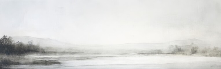 Poster - Soft gray tones wash over a tranquil landscape with flowing water and distant hills under gentle light