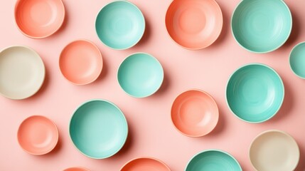 Poster - Display of soft pastel coral and teal bowls arranged on a delicate pink surface for a calming visual aesthetic