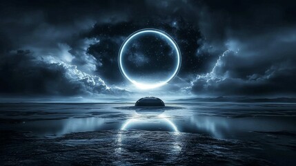 Futuristic Neon Abstract Background with Central Object - Dark Space Scene Featuring Reflective Wet Surface and Vibrant Light Effects