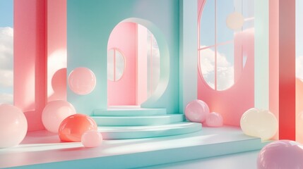 Poster - Whimsical pastel mint and pink gradient interior with soft spheres and playful architecture