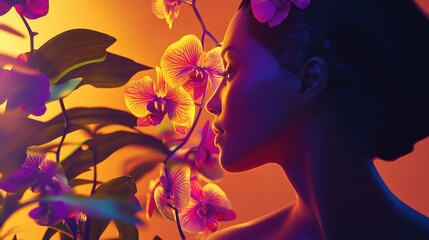 Poster - Woman glowing amidst blooming orchids creating a vibrant harmony of colors in a serene environment