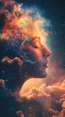 Poster - Surreal representation of a glowing woman amidst cosmic clouds and celestial colors