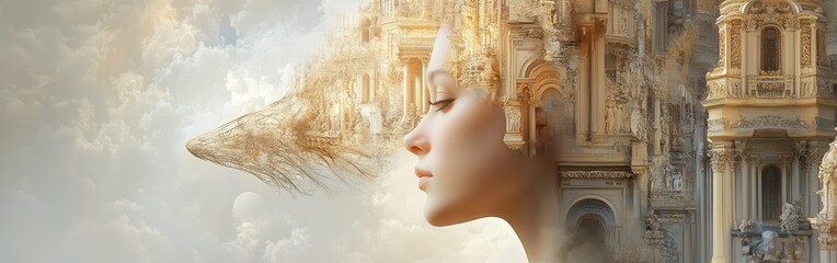 Poster - Surreal woman glowing with ethereal forms and architectural elements at dusk in a dreamlike landscape