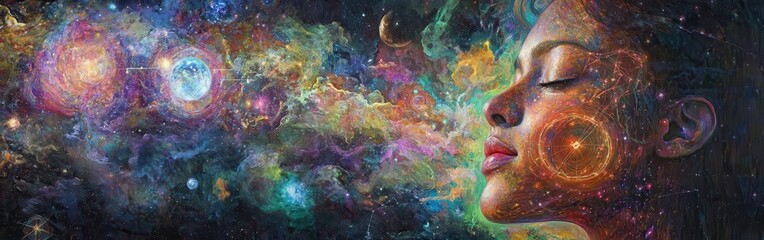Leinwandbilder - Surreal portrait of a woman's glowing face representing cosmic elements and vibrant colors in an ethereal setting