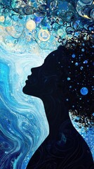 Poster - Woman's serene silhouette surrounded by vibrant swirling blues and cosmic elements at twilight