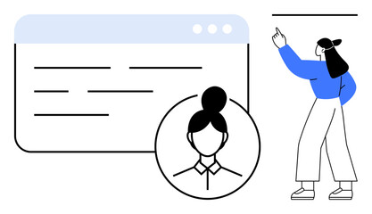 Woman points at a simplified web interface with user details. Ideal for digital platforms, user interface design, account management, team collaboration, identity verification, education, flat simple