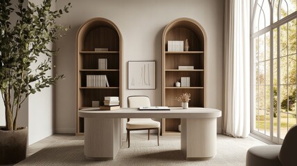 Aufkleber - Home office design with arched shelving units and a spacious, bright environment for productivity and creativity