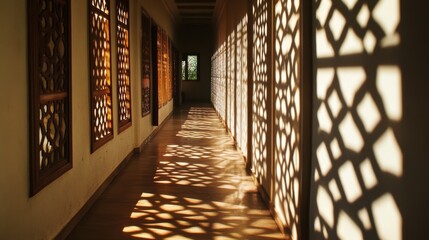 Poster - Sunlit hallway showcasing intricate shadows and patterns from window screens in an elegant design