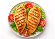 © MithunDeb343 - Grilled chicken chest with fresh tomatoes and basil on lettuce, healthy meal on white plate.
