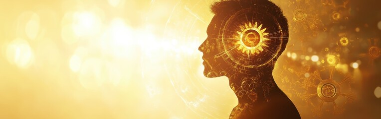 Poster - Man radiating light with intricate patterns around head in a warm-toned setting during twilight hours