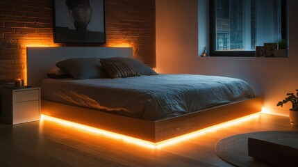 Aufkleber - Soft LED lighting enhances the cozy atmosphere of a modern bedroom with elegant decor and a tranquil ambiance