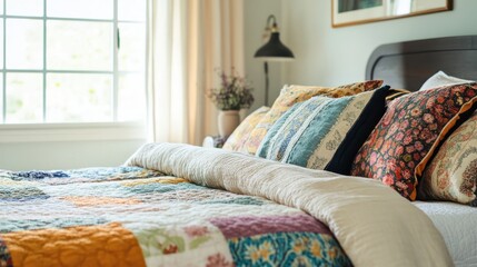 Poster - Bedroom with layered colorful bedding inviting relaxation and comfort in a serene setting