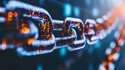Blockchain's Tangible Strength: A close-up shot highlighting a luminous metallic chain, symbolizing interconnectedness and data security in a technological and digital environment.
