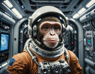Wall Mural - Exploring the cosmos through the eyes of a brave astronaut monkey on a thrilling journey in a futuristic spacecraft filled with advanced technology Generative AI