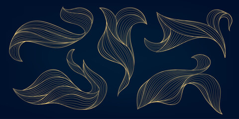 Aufkleber - Vector set of gold line wave shapes, curve flow, cloud illustrations isolated. Leaves, swirl premium elements. Elegant patterns for design