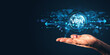© Who is Danny - Person's hand holding virtual VPN symbol with glowing digital elements and global map on dark background, symbolizing internet security concept.