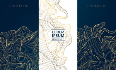 Wall Mural - vector set of abstract gold line background, white and dark blue luxury labels, water waves, leaves,
