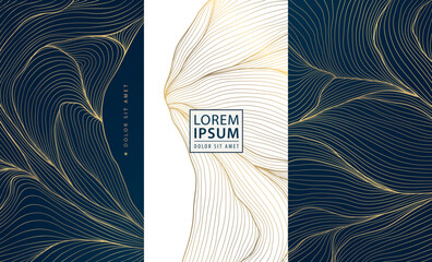 Wall Mural - vector set of abstract gold line background, white and dark blue luxury labels, water waves, leaves,
