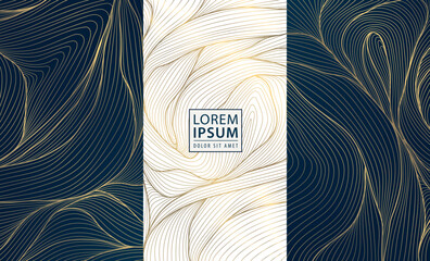 Wall Mural - vector set of abstract gold line background, white and dark blue luxury labels, water waves, leaves,