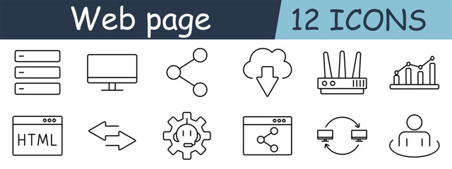 Web page set icon. Server, screen, share, cloud, router, graph, html, arrows, headset, network, browser, user