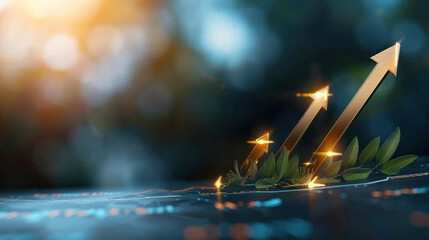 Aufkleber - digital illustration shows golden arrows rising from green leaves, symbolizing economic growth and success. background is blurred bokeh effect, creating futuristic and optimistic atmosphere