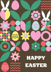 Wall Mural - geometric east greeting card with bunny, egg and flower. abstract pattern design. vector illustratio