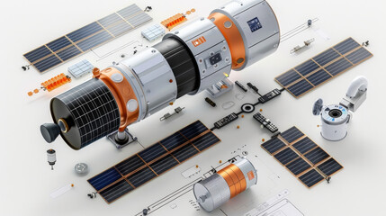 Poster - detailed illustration of disassembled satellite showcases its intricate components, including solar panels and communication modules, highlighting space technology development