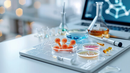 Fototapete - futuristic laboratory setup with digital interface displays molecular structures and scientific equipment, including petri dishes, test tubes, and laptop, suggesting innovation and research