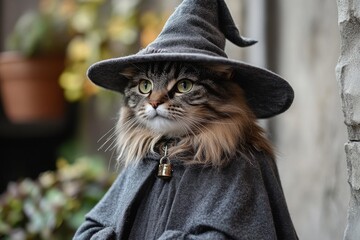 fluffy cat dressed in wizard costume with a long robe and pointed hat enjoying a whimsical outdoor s