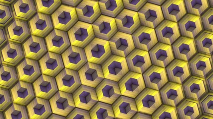 Fototapete - Loop animation of a symmetrical pattern of square forms changing their structure. Contrasting shades of yellow and purple enhance dynamics and sense of space. 3d rendering 4K