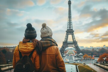  A romantic couple enjoys a scenic view of the Eiffel Tower during sunset, capturing the essence of Parisian love.